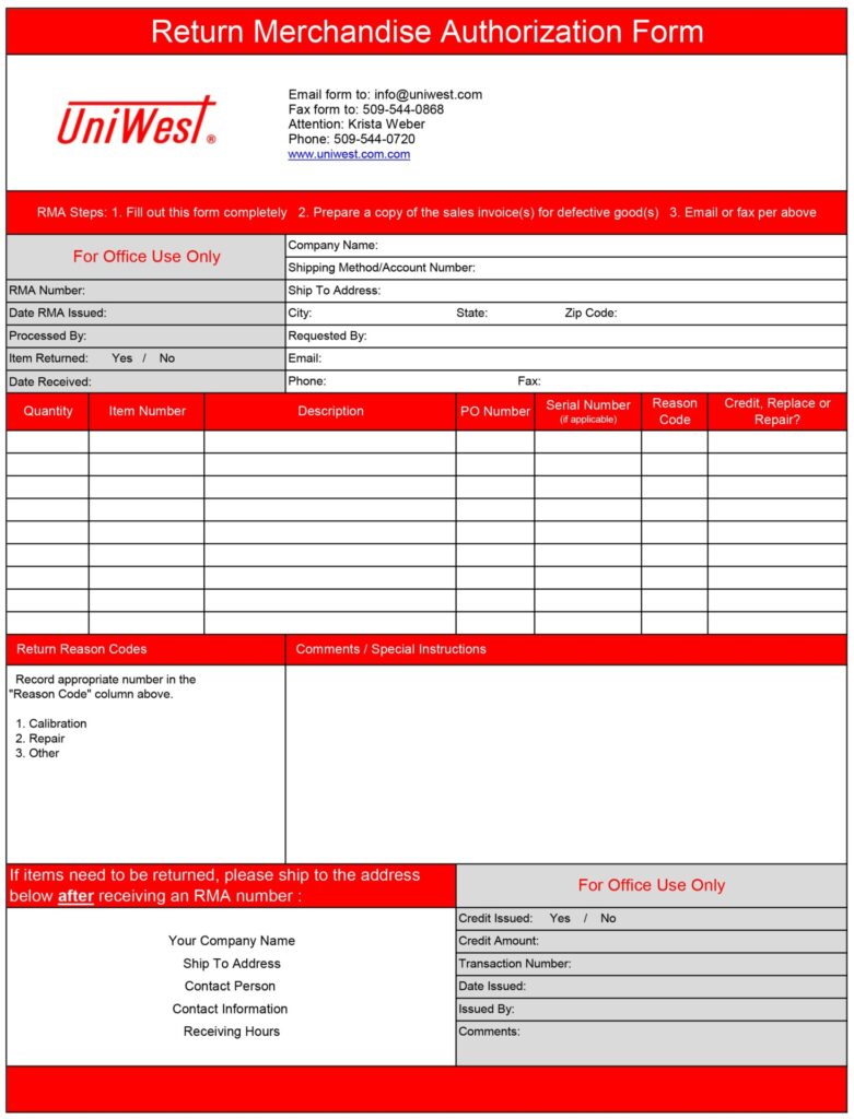 UniWest RMA Form